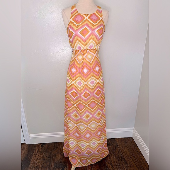 Bar III Coral Reef Pink/Orange Geometric Printed Racerback Maxi Dress - Picture 1 of 6